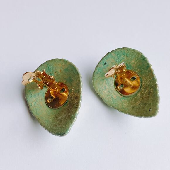 VTG 80s Mint Green Clip On Earrings Teardrop Reflective Metallic Cabochon Artsy - Picture 9 of 9